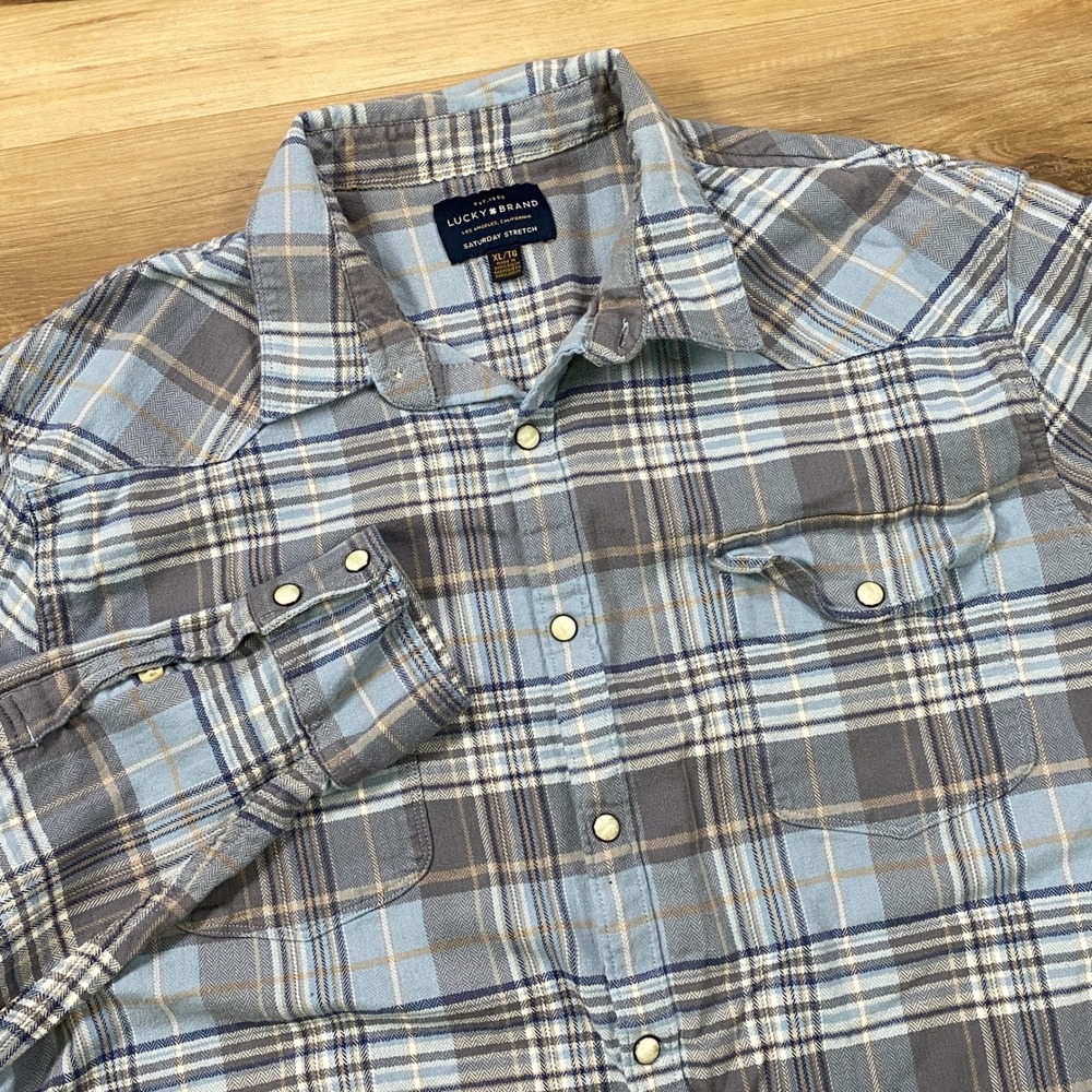 Lucky Brand Western Shirt Mens XL Plaid Saturday Stretch Pearl Snap Blue Grey